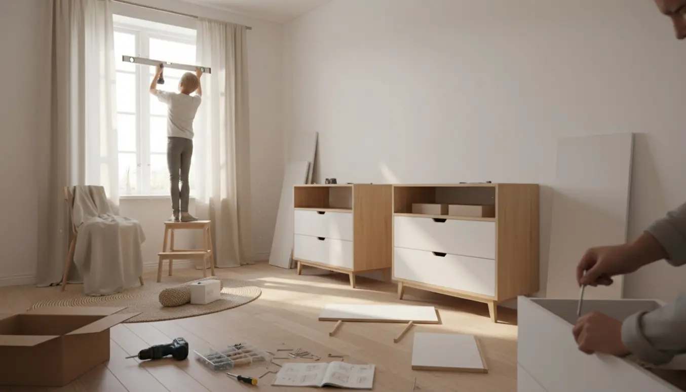 To MALM-kommoder samles i et lyst skandinavisk værelse, mens gardinstænger monteres over et vindue.