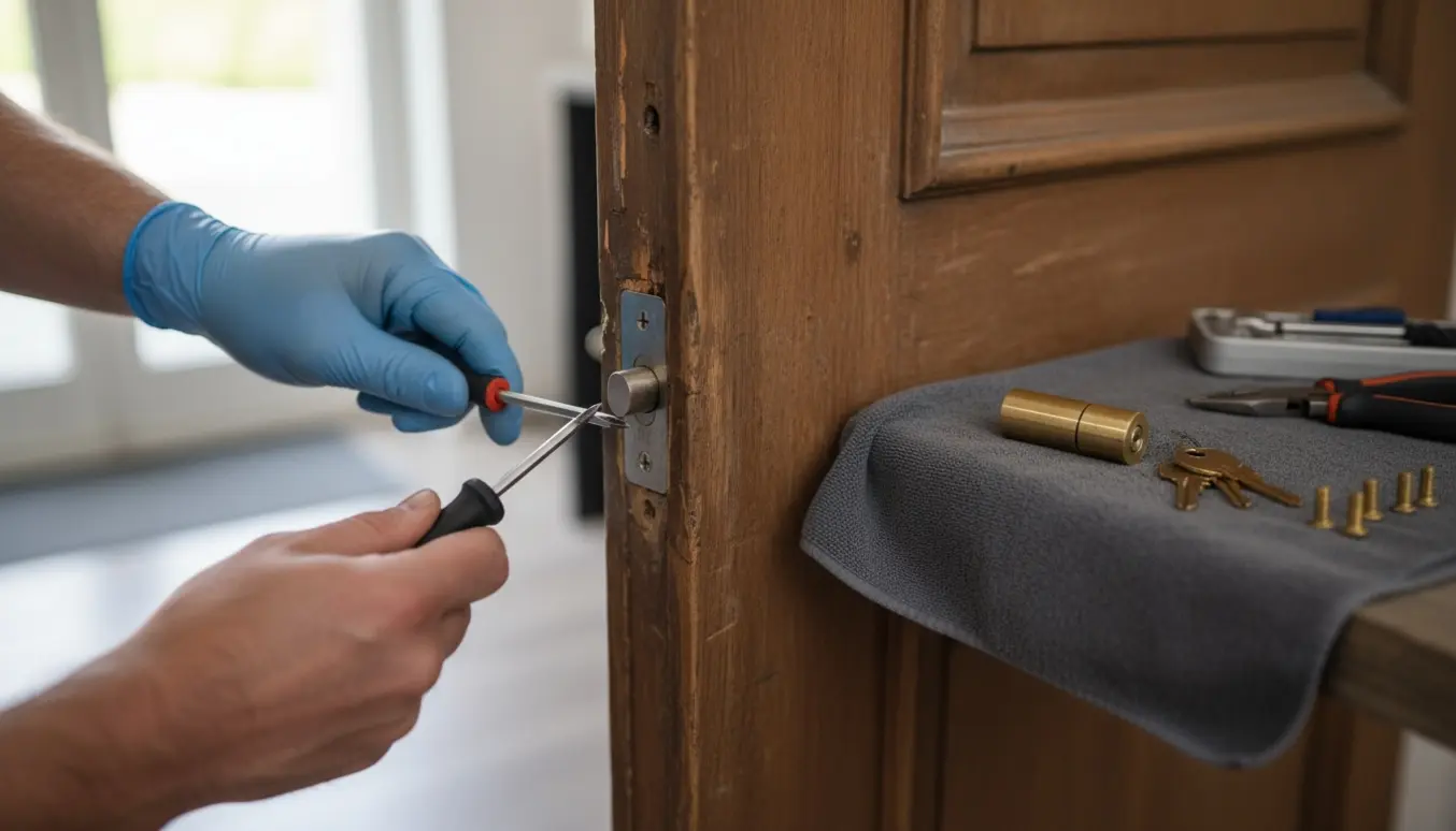 Nærbillede af hænder, der udskifter en låsecylinder i en yderdør med værktøj og nye dele.