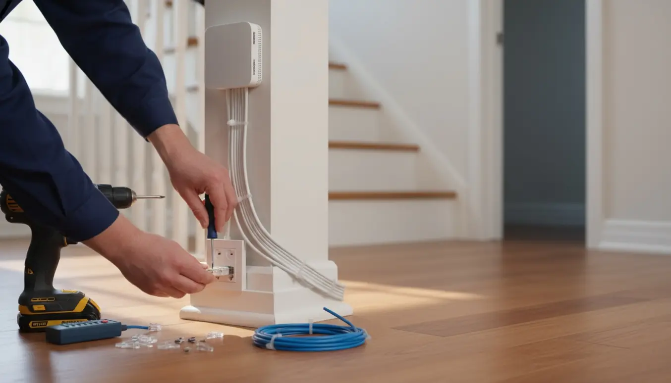 Nærbillede af pænt organiserede internetkabler ført op til overetagen i et lyst hjem.