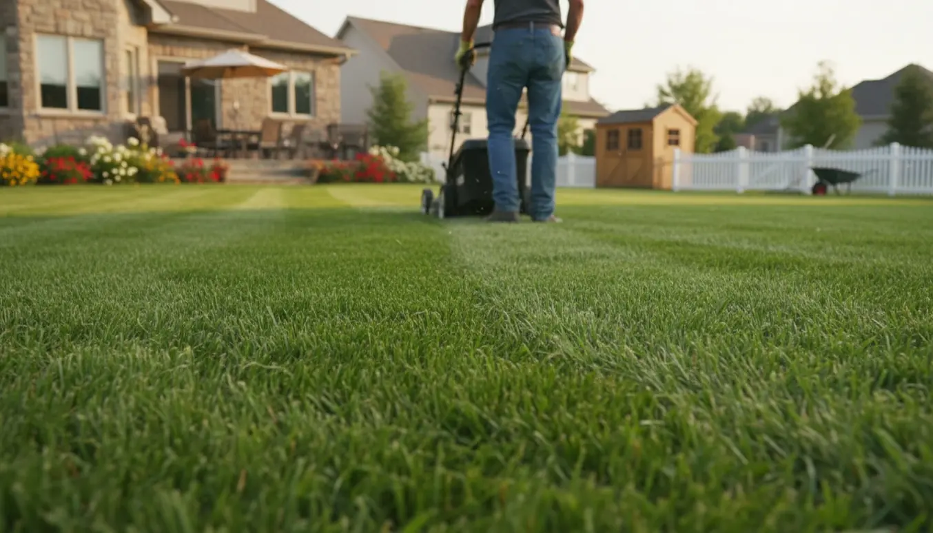Person ses bagfra, der slår en ca. 500 kvadratmeter græsplæne med en plæneklipper.