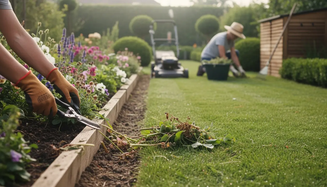 Havearbejde i baghaven med plæneklipning, lugning og beskæring ved blomsterbedet i blødt morgenlys.