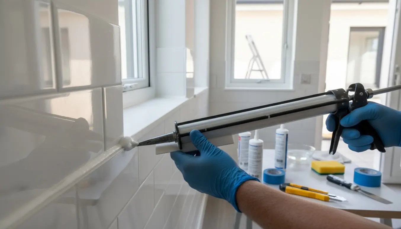 Nærbillede af udskiftning af silikonefuger ved brusehjørne, vinduer og dør, med værktøj og hænder uden synlige ansigter.