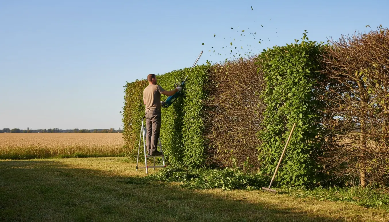 En person trimmer en sydvendt hæk langs en mark med en elektrisk hækkeklipper, mens afklip ligger i en redskabspose ved hækfoden.