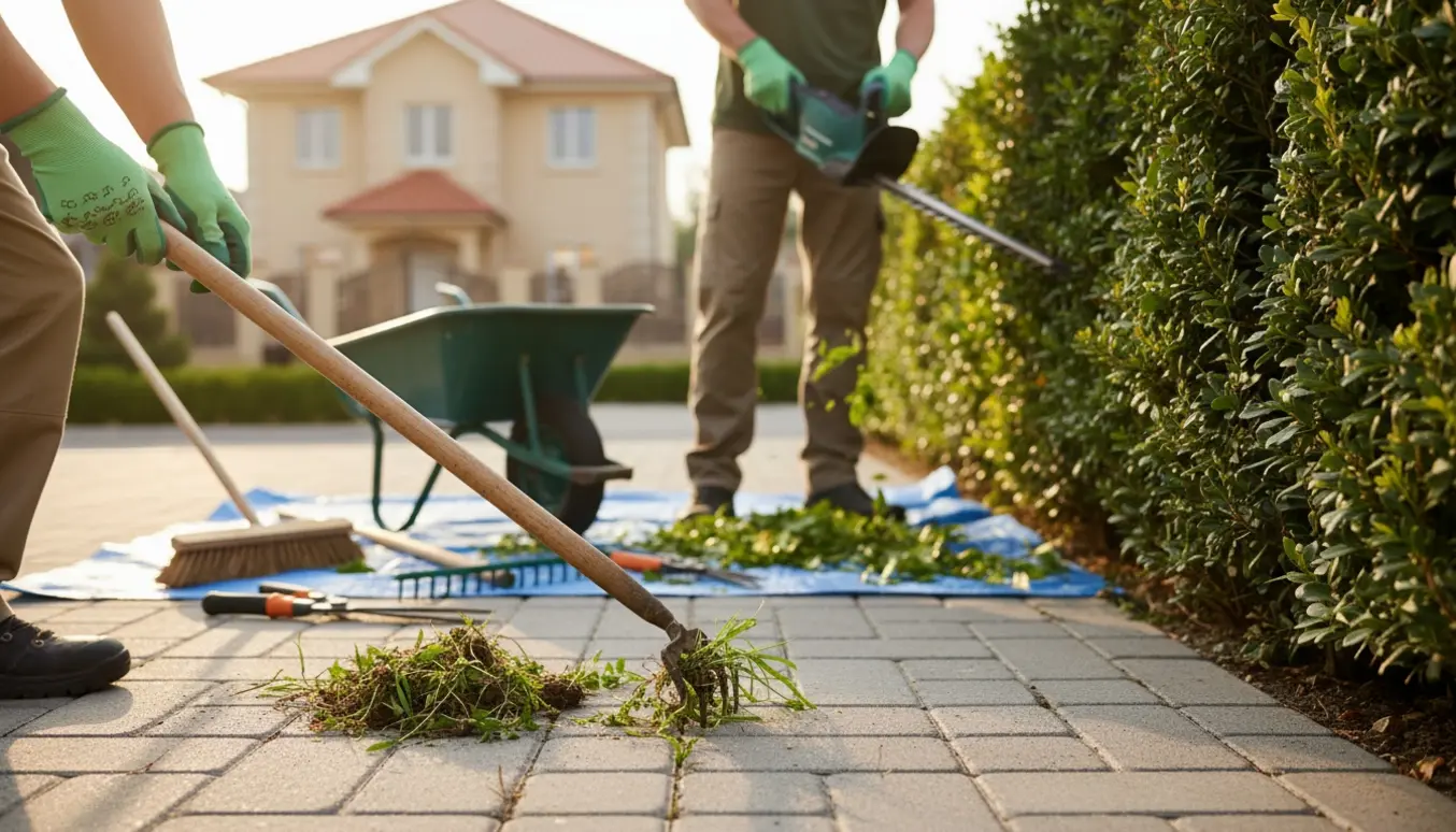 En person trimmer hæk og fjerner ukrudt fra indkørslen med handsker og haveredskaber.