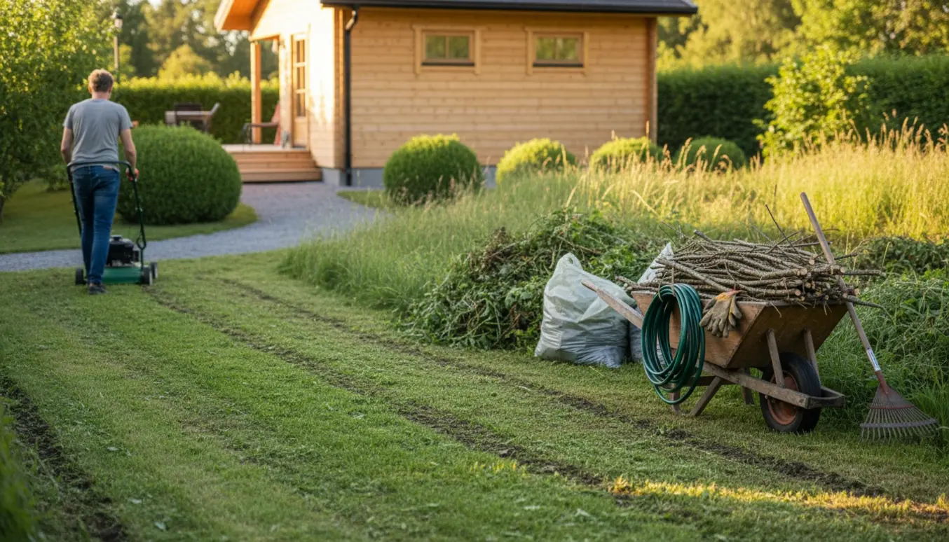 Rydning og græsklipning i en tilgroet sommerhushave med plæneklipper, rive og fyldt trillebør i morgensol.