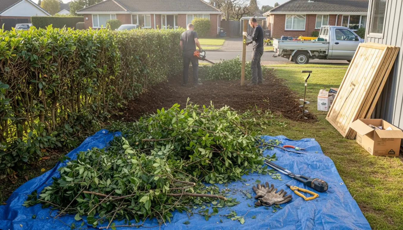 Fjernelse af hæk og forberedelse til opsætning af nyt hegn i en forstadshave.