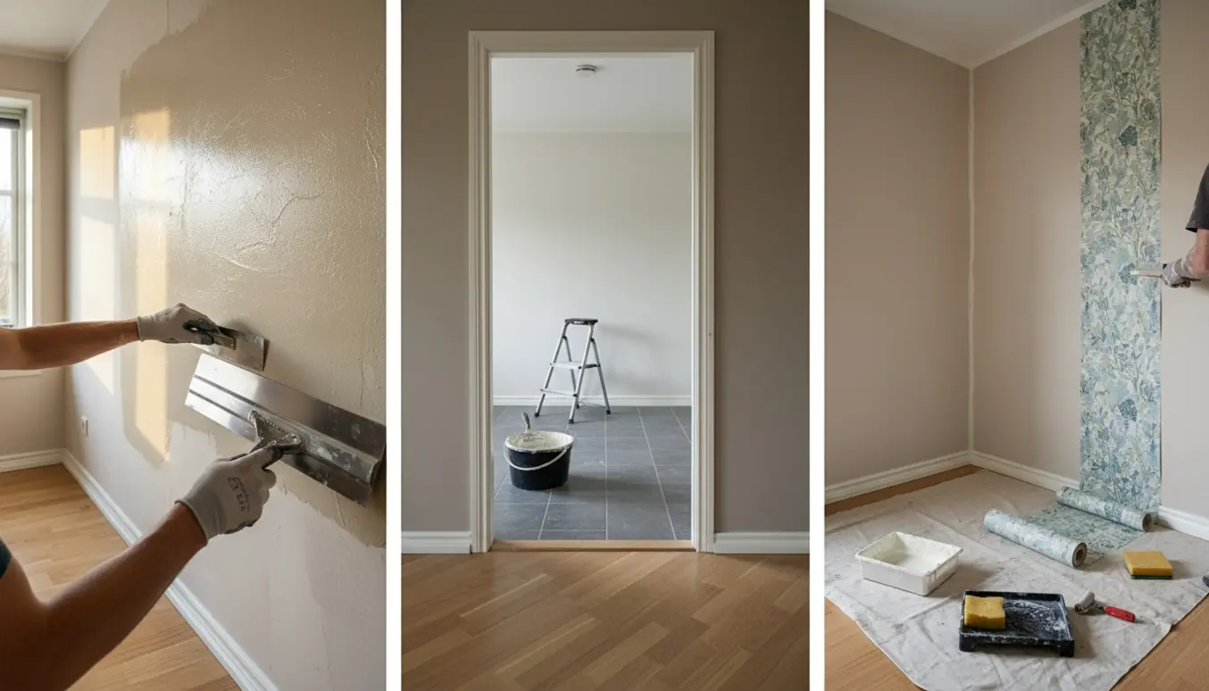 Hænder glatter spartelmasse og opsætter tapet i forskellige rum, med værktøj og materialer synlige.