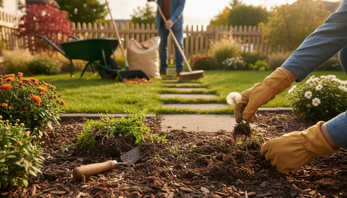 Hænder trækker ukrudt op og en person fejer blade ind i en trillebør i en solbeskinnet forhave.