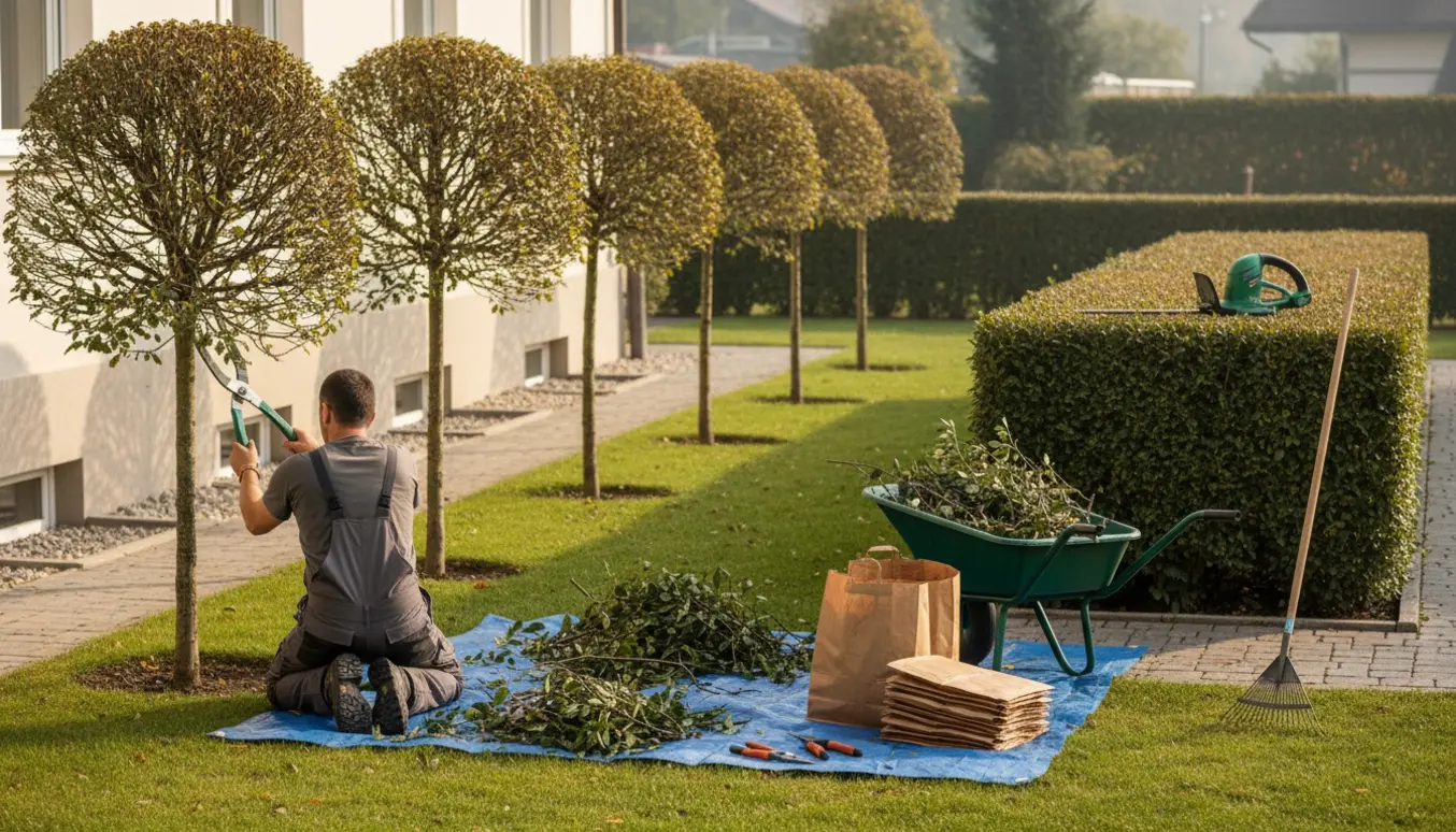 Havearbejde med beskæring af små træer, topklipning af hæk, opsamling af grene og rensede lysskakte i en villahave.