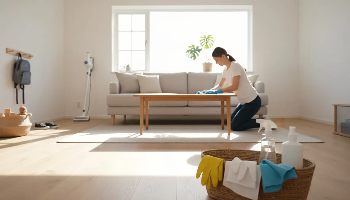 En rengøringshjælper tørrer et sofabord i en lys, nordisk stue med rengøringsudstyr og børnesko i baggrunden.