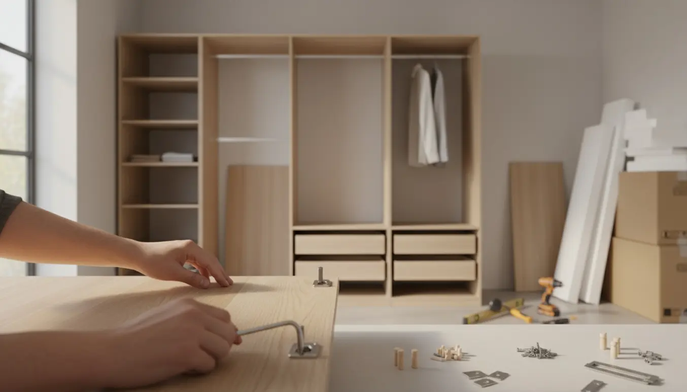 Delvist samlet walk-in garderobe med hænder, værktøj og plankeelementer i blødt dagslys.