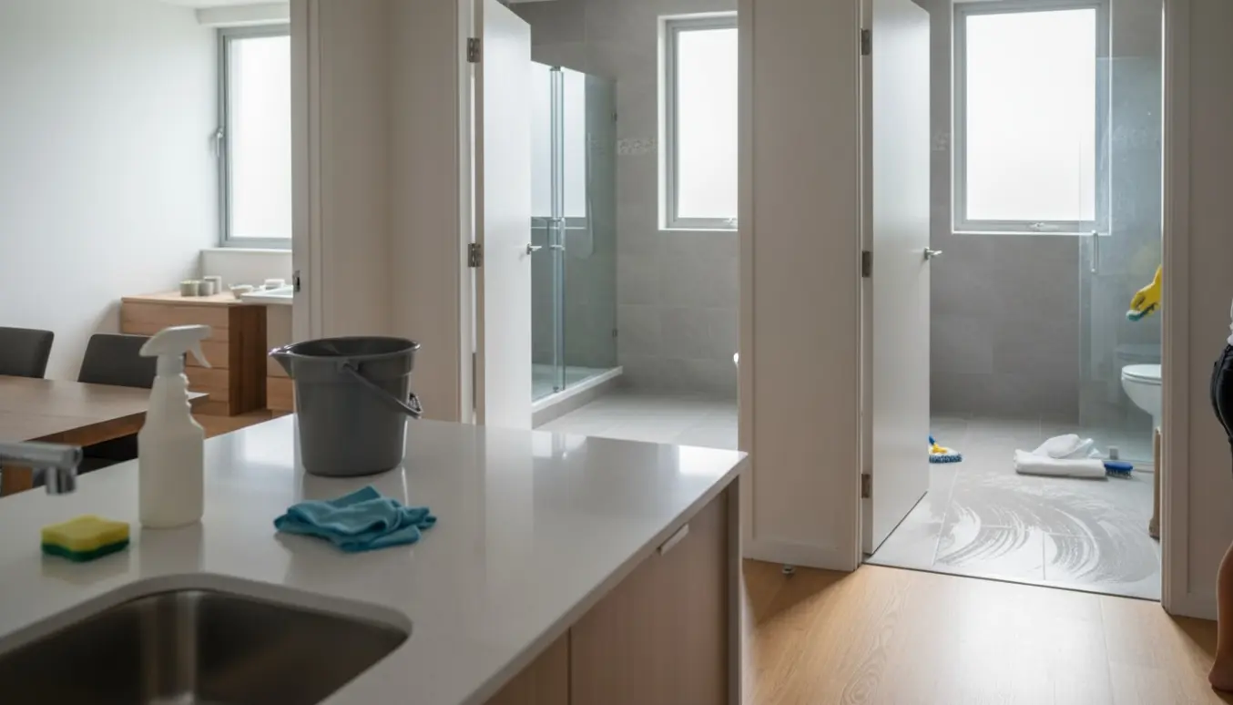 Ryddeligt køkken med rengøringsredskaber i forgrunden og to nypudsede badeværelser synlige gennem åbne døre.