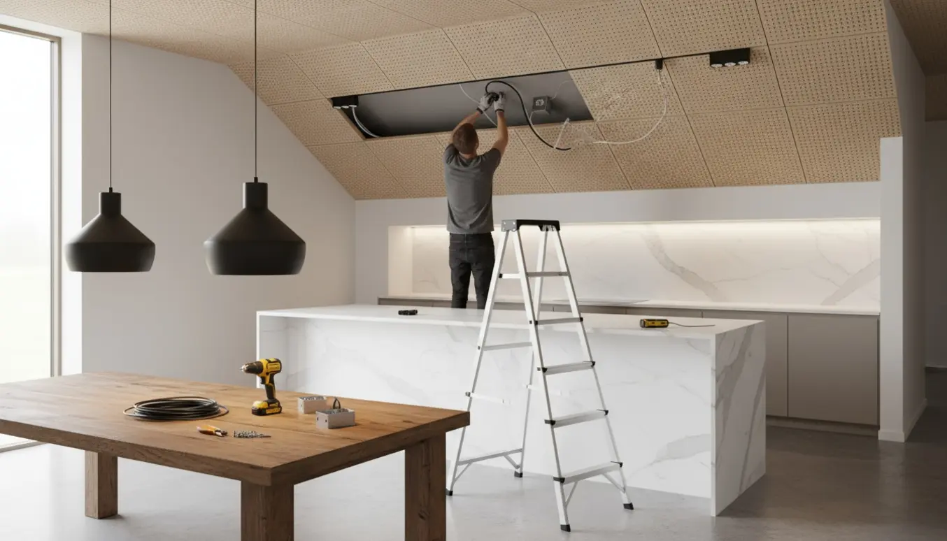 Installation af to pendel-lamper over spisebord og en lys-skinne over køkkenbord under et skråt troldtekt-loft.