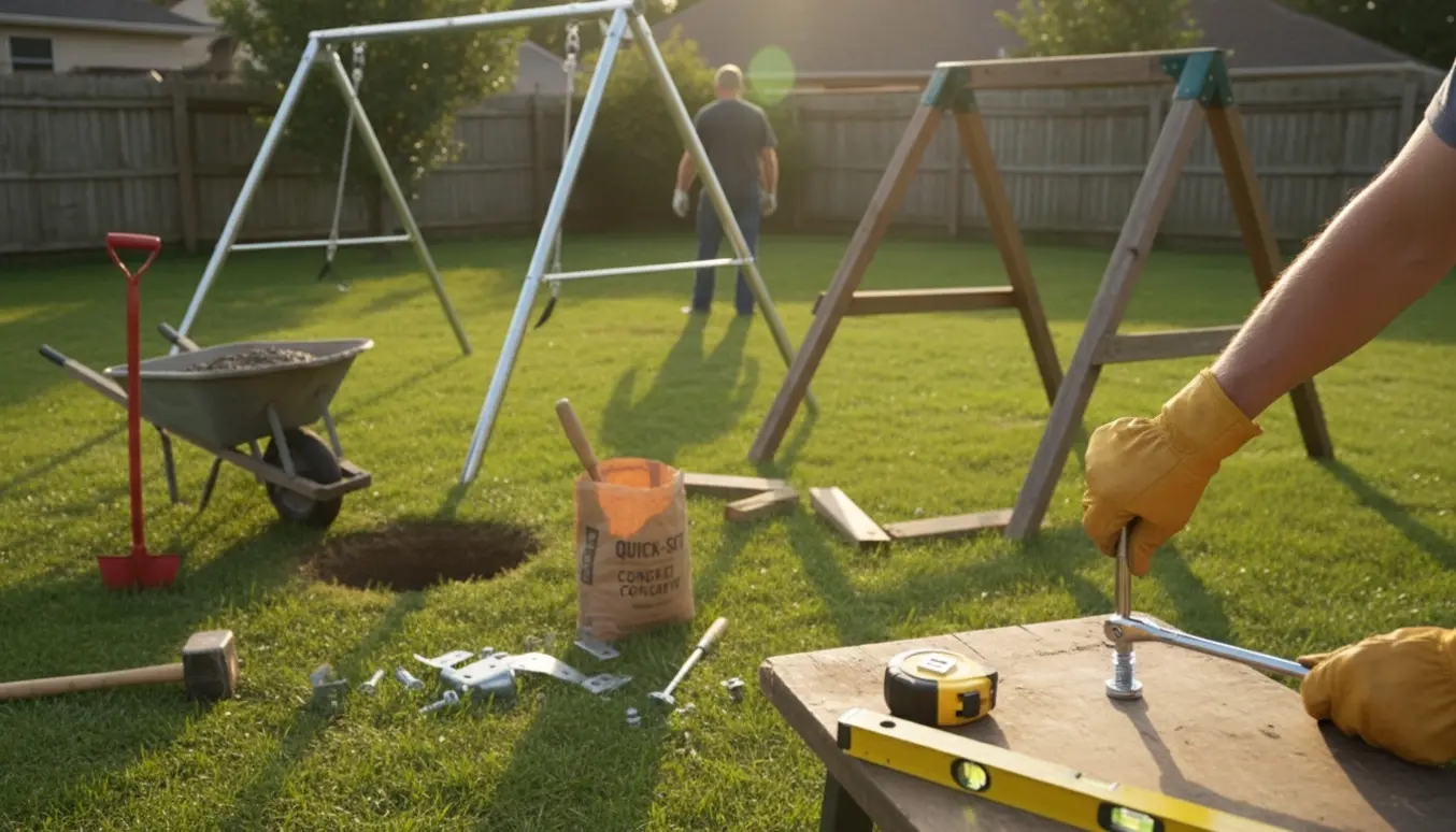 Et gammelt gyngestativ afmonteres, mens et nyt metalgyngestativ monteres og betonsokler fyldes i en baghave.