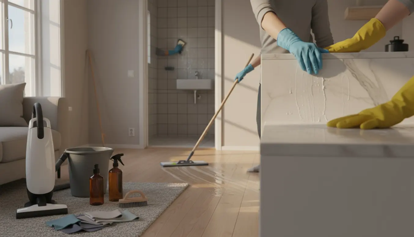 En kompakt lejlighed under slutrengøring med rengøringsudstyr og handsker, der tørrer overflader i køkken, stue og badeværelse.