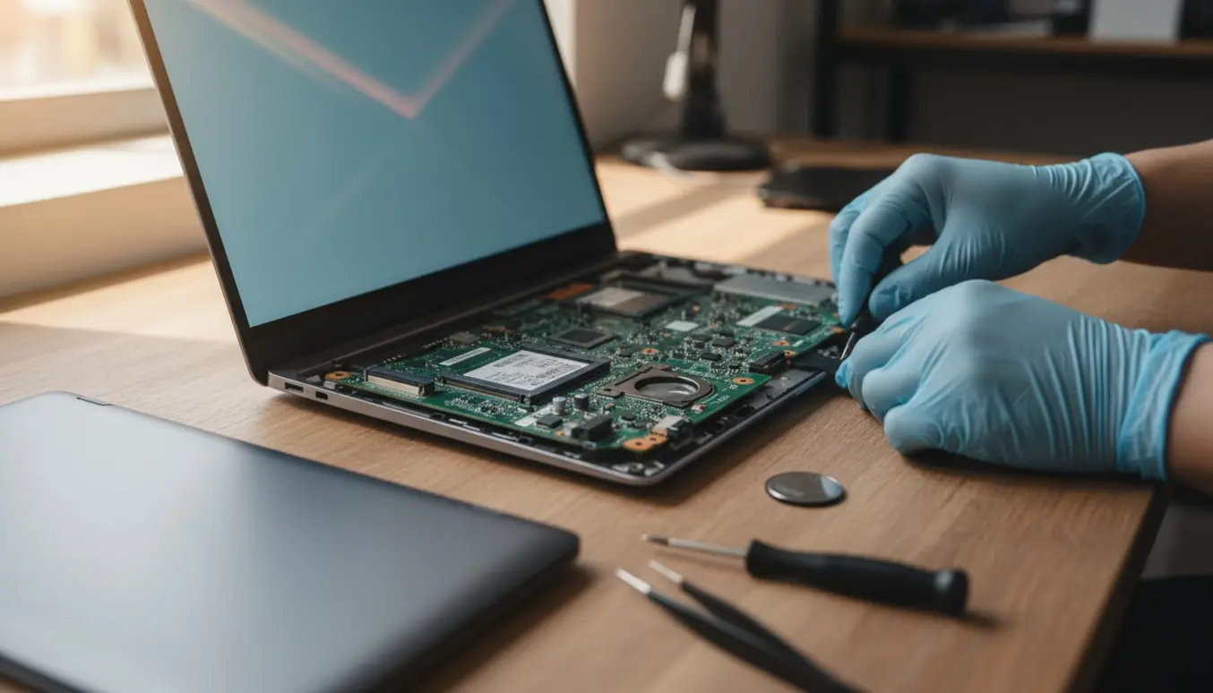 Åben bærbar computer på værkstedsbord med værktøj og fjernet CMOS-batteri under BIOS-fejlsøgning.