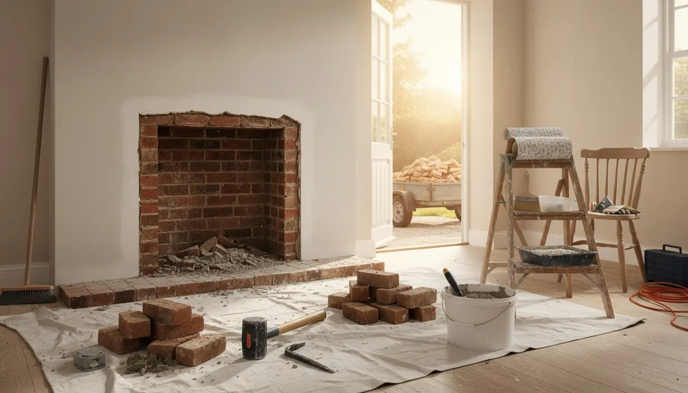 Partielt nedtaget åben pejs med murbrokker, værktøj og trailer klar til opretning og tapetsering.