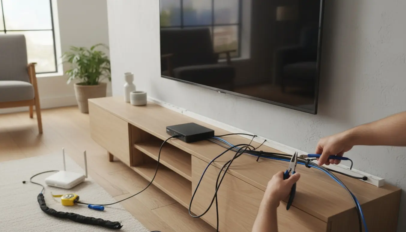 Rodede internet- og strømledninger ved TV med boks på gulvet, hånden afkorter kabler for at lægge dem i en kabelbakke.