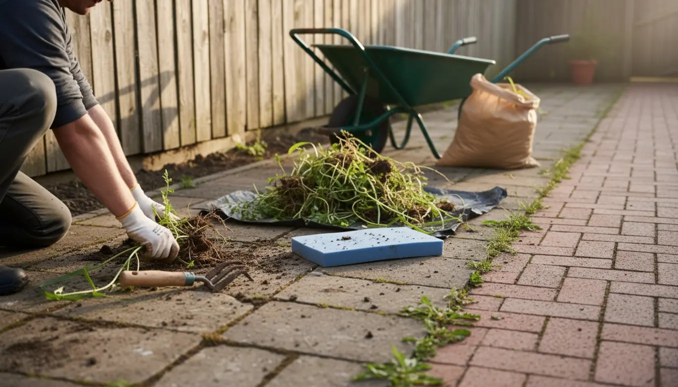 Hænder i havehandsker fjerner ukrudt fra fliser ved terrasse og indkørsel med trillebør klar til bortkørsel.