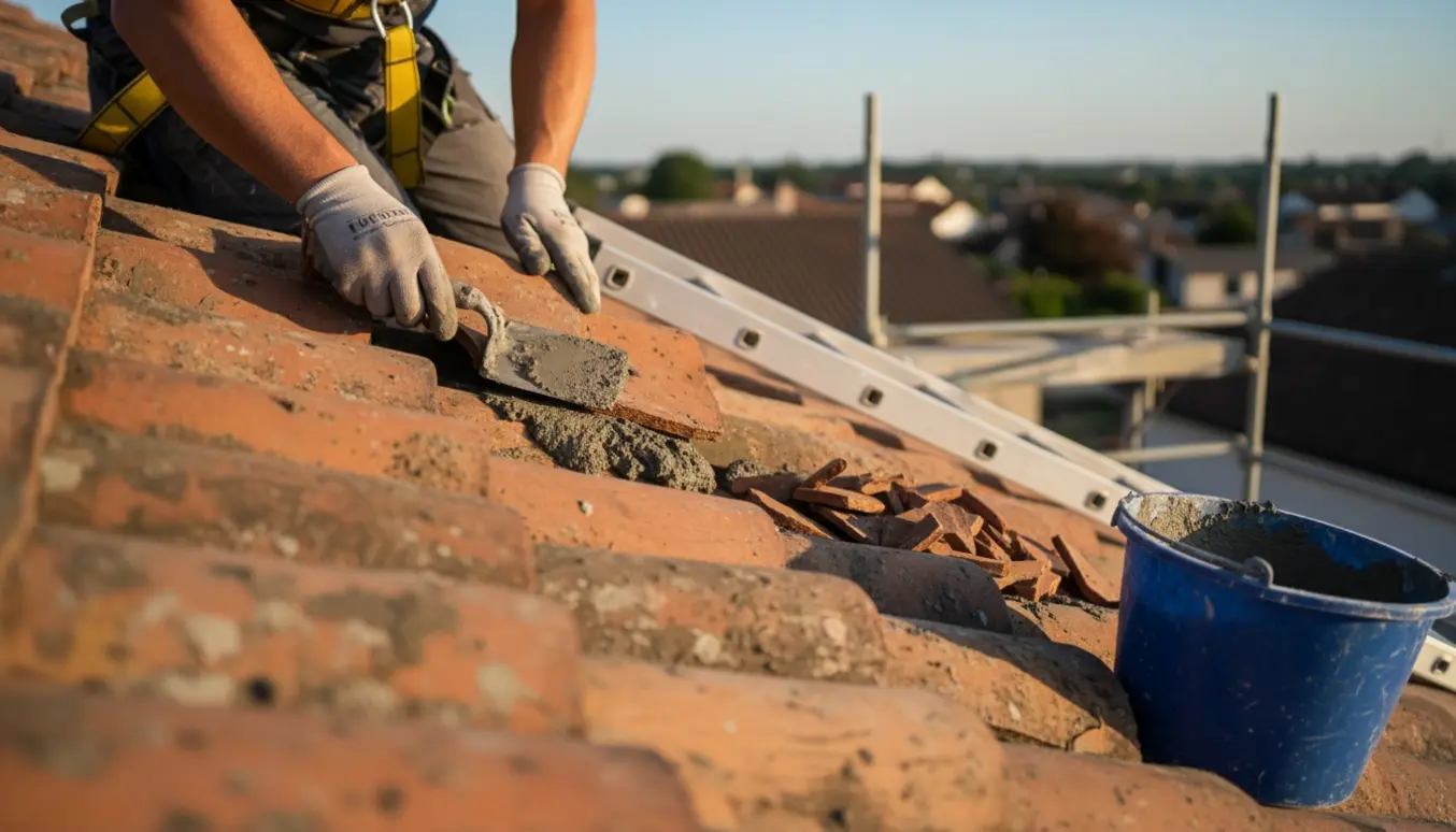 En hånd indsætter en ny terracotta tagsten og påfører frisk mørtel med en murske på et skrånende tag.