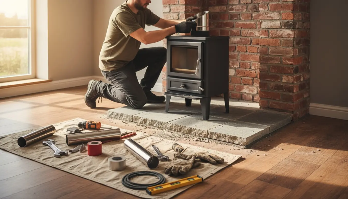 Montering af ny Varde Samsø-brændeovn i stue, håndværker uden synligt ansigt arbejder med værktøj ved skorstenen.