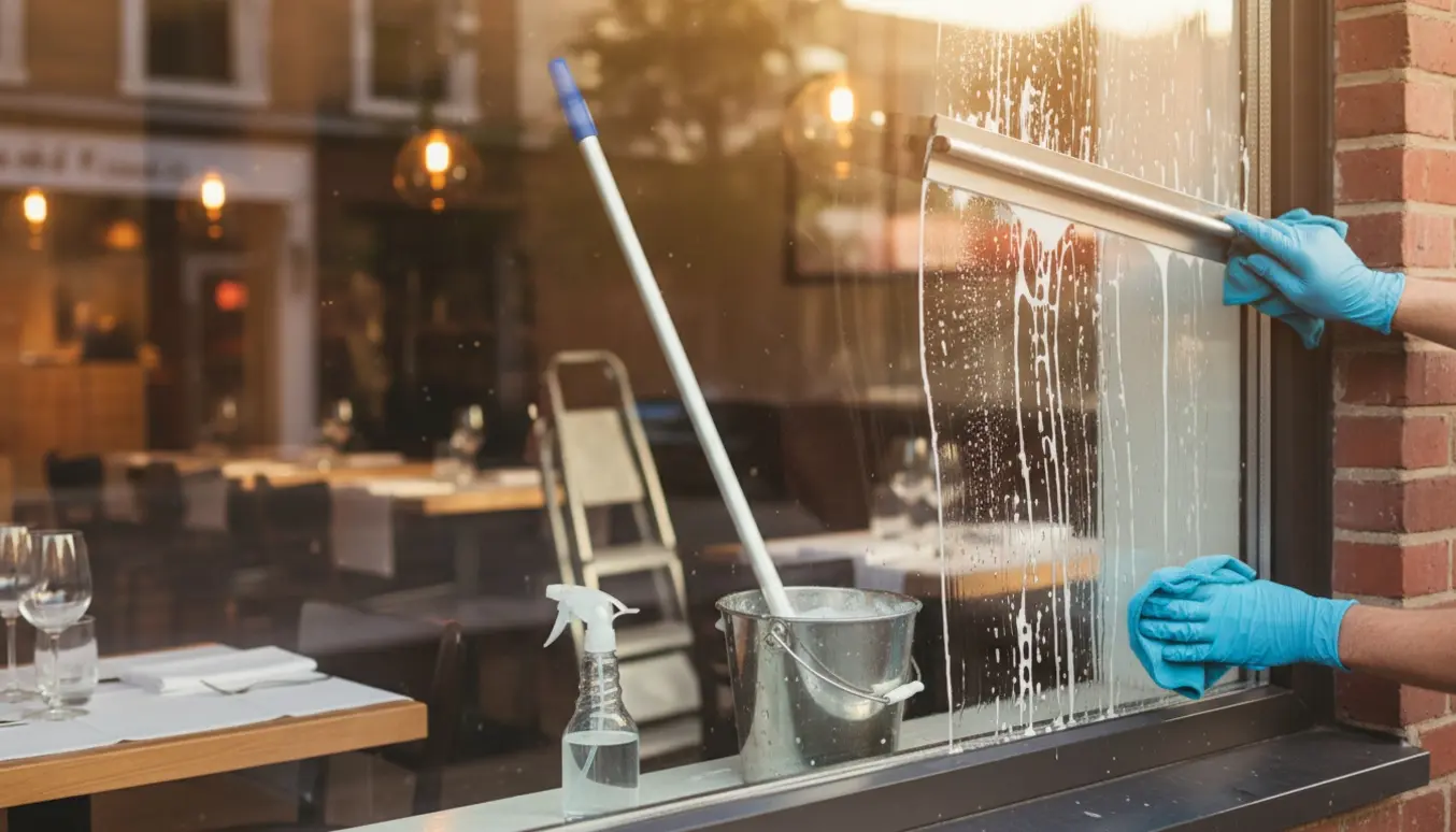 Professionel vinduespudser rengør restaurantvinduer ind- og udvendigt med gummiskraber og klud.