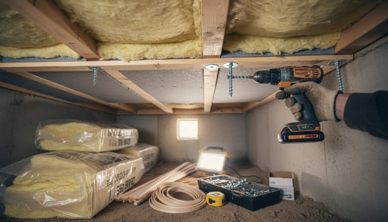 Krybekælder set nedefra med bløde og hårde isoleringsbatts monteret mellem og under bjælkelag, skruer og værktøj i brug.