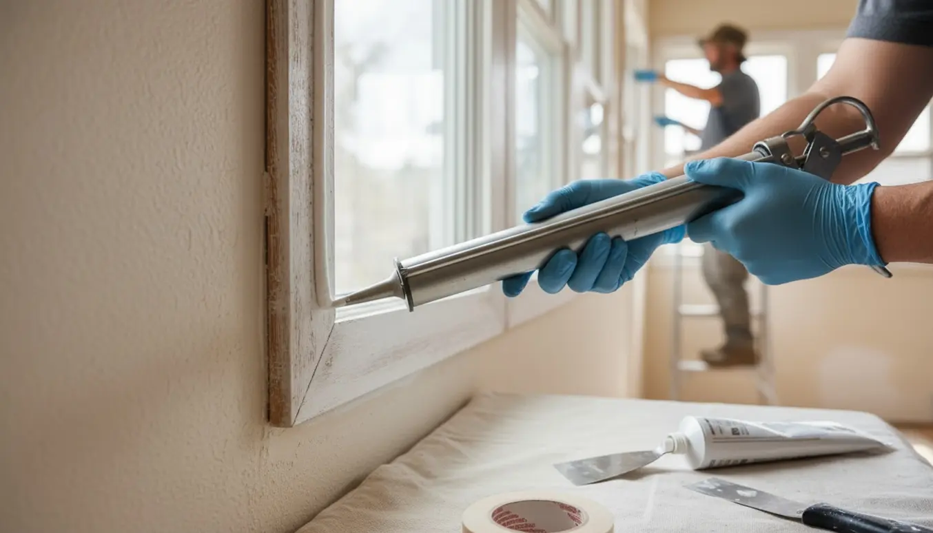 Hænder, der fuge en vinduesramme indvendigt, med en håndværker uden synligt ansigt udenfor i baggrunden.