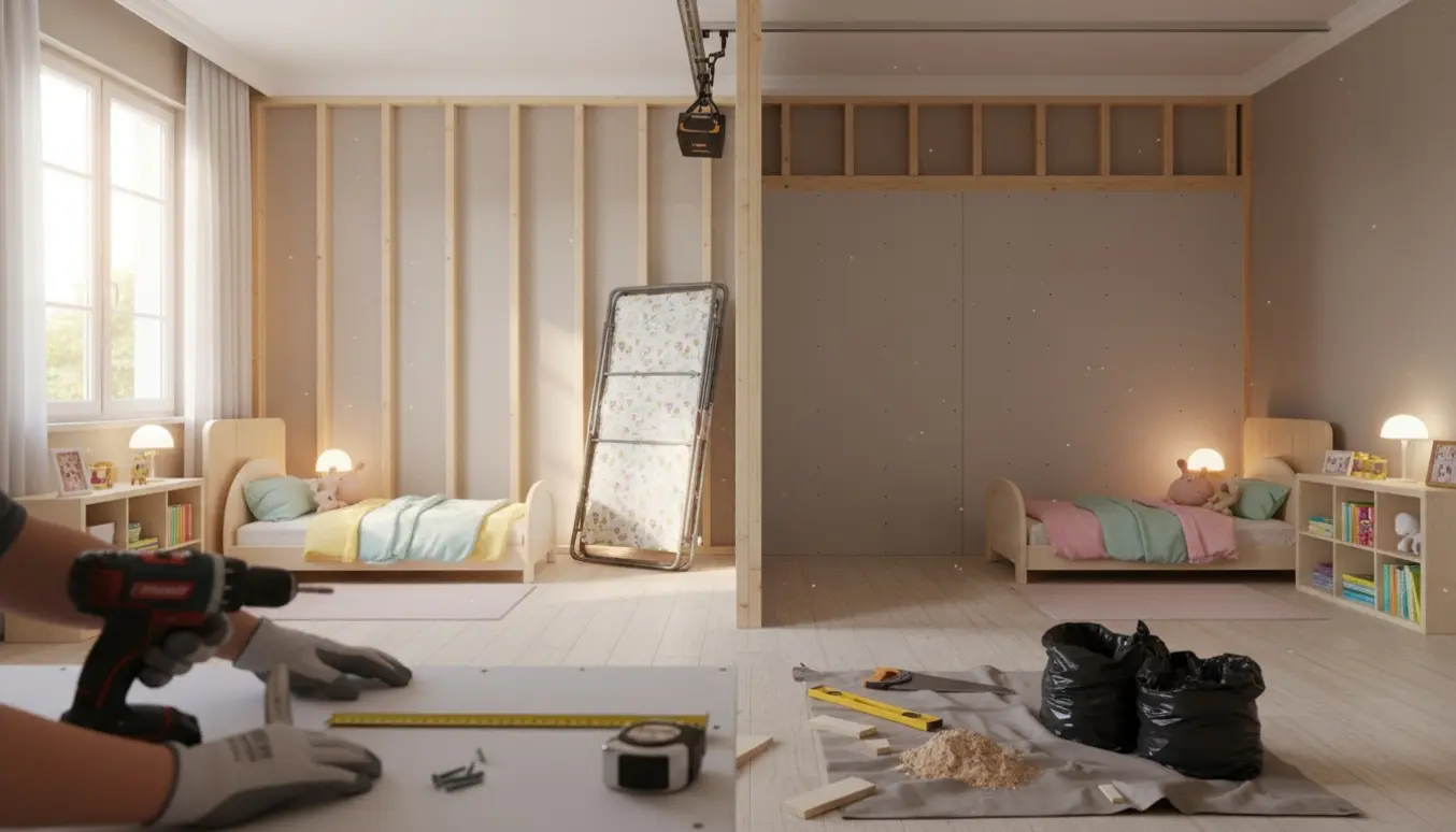 Delvis opført midlertidig skillevæg deler et værelse i to små børneværelser med værktøj og byggeaffald.