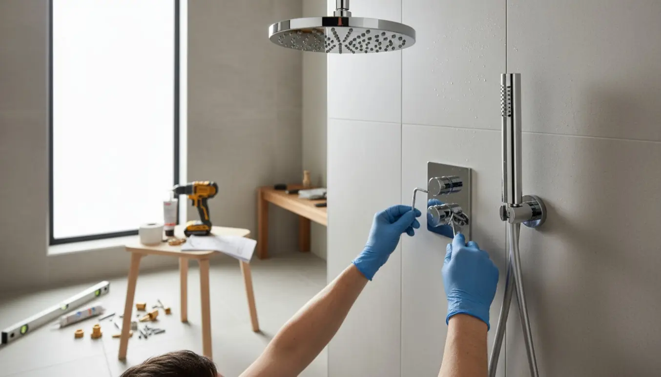 Hænder monterer et moderne krom dobbelthovedet brusesystem i et lyst, flisebeklædt badeværelse.