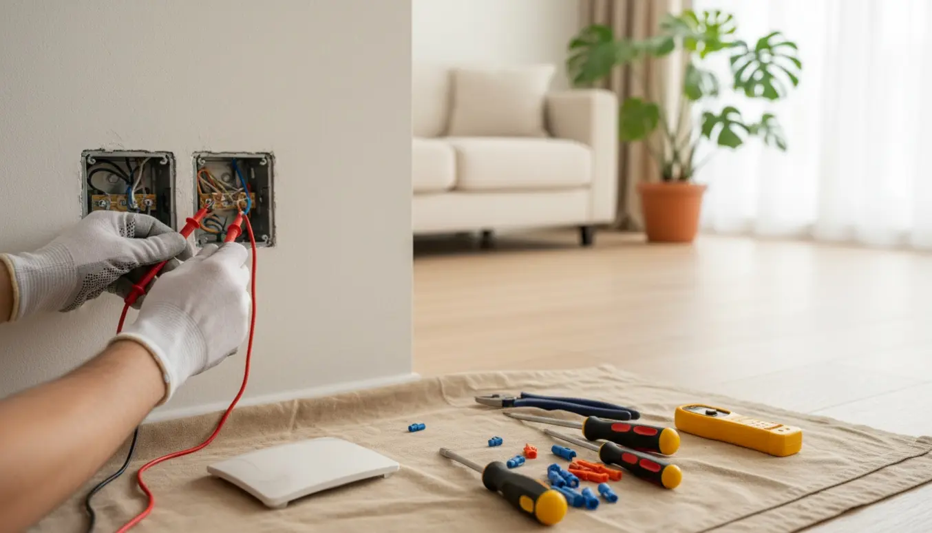 Hænder tester og monterer nye stikkontakter i en lejlighed med udsatte ledninger.