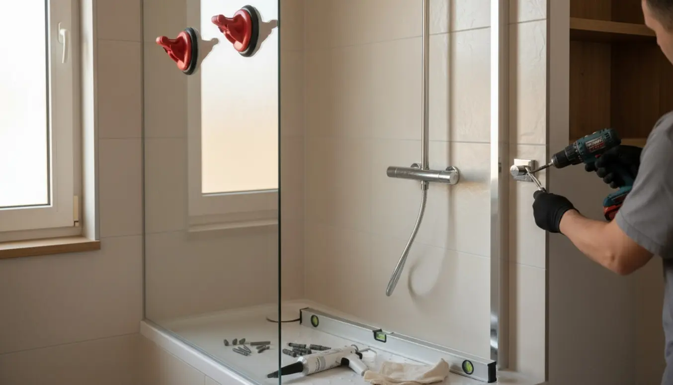 Montage af en glasvæg og et chromet brusestativ på en klinkevæg i et moderne badeværelse.