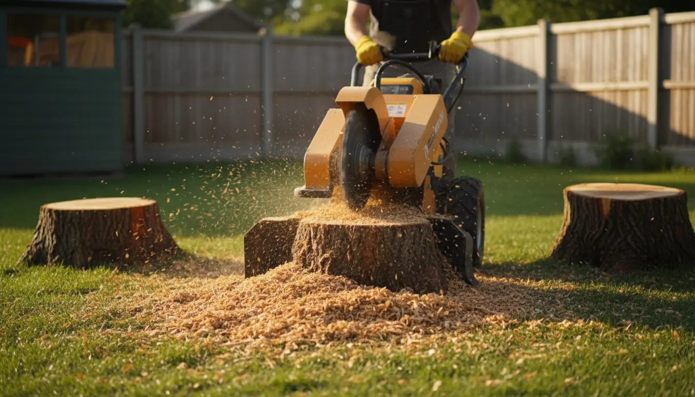 En anonym operatør bruger en stubfræser i en baghave med tre stubbe og friske flis.