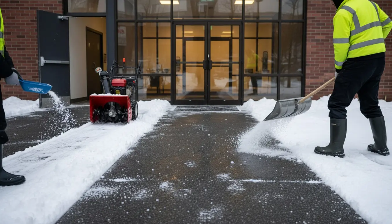 Sne ryddes ved hoved- og personaleindgang med skovle, snefreser og salt på en vintermorgen.