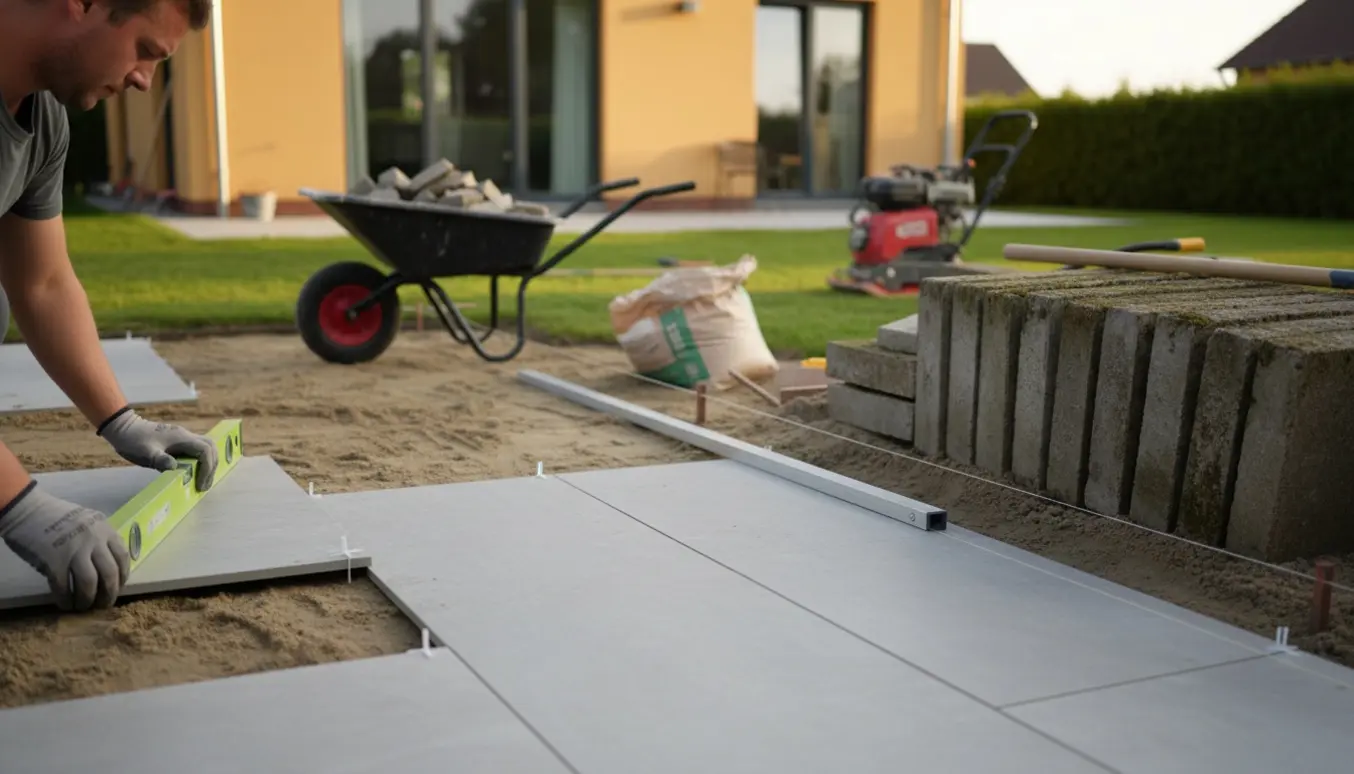 Håndværker lægger nye fliser på en terrasse med fjernede betonfliser og værktøj i baggrunden.