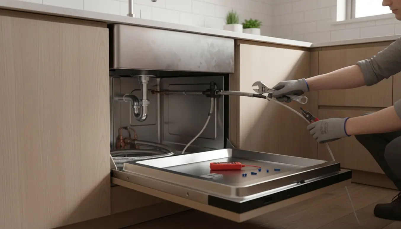 Hænder tilslutter vand- og elkabler til en opvaskemaskine under køkkenbordet.