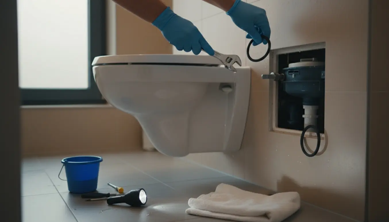 Nære billede af hænder med værktøj, der reparerer en løbende væghængt toiletcisternen med dryppende vand.