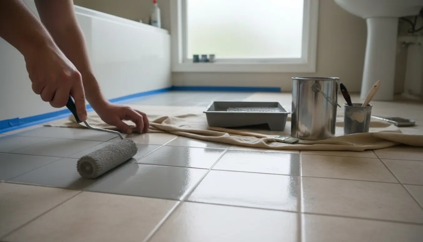 Hænder maler badeværelsesgulvfliser med malerrulle, med afdækning og beskyttelsestape ved kanterne.