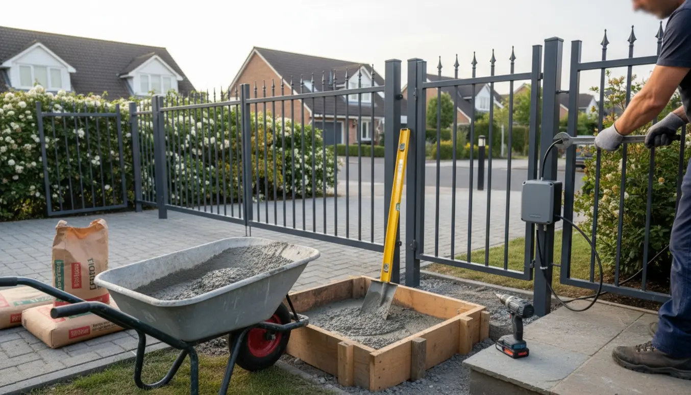 Dobbel port monteres ved indkørsel med støbning og montering af elektronisk portåbner.