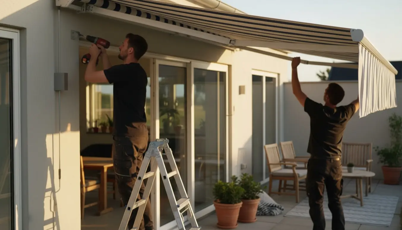 To håndværkere monterer en stor markise over en terrasse med beslag og værktøj i fokus.