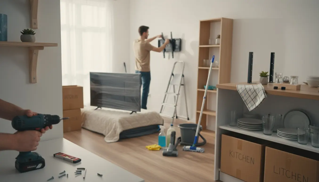 Hænder monterer hylder og ophænger TV i et rum med åbne flyttekasser og rengøringsudstyr.