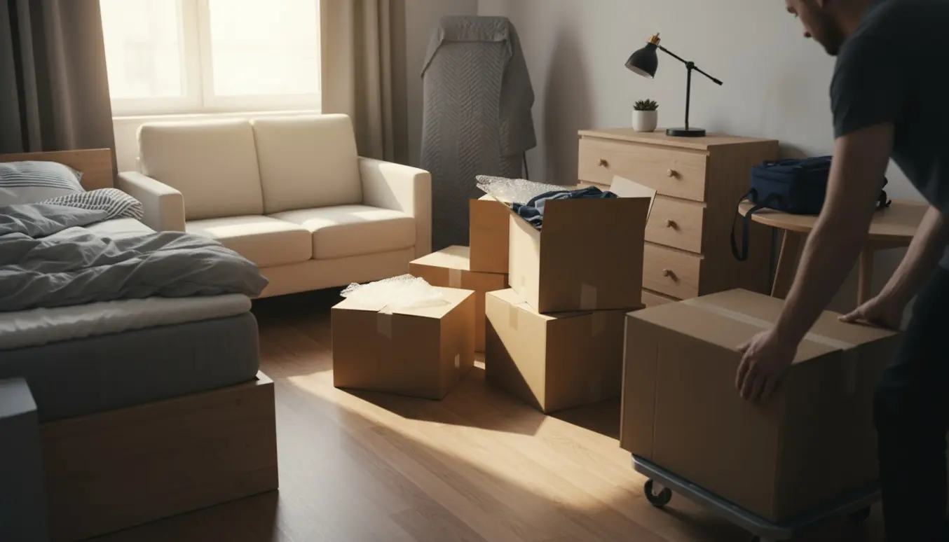 Kollegieværelse midt i flytning med seng, lille sofa, kommode, bord, stort spejl og flere flyttekasser.