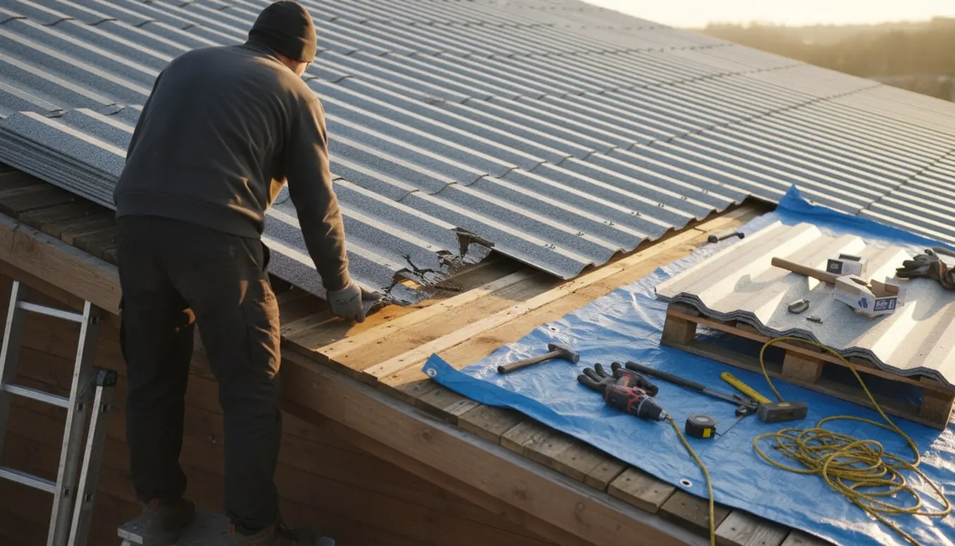 En håndværker ses fra ryggen mens han udskifter revnede tagplader med nye plader og en stige ved siden af.