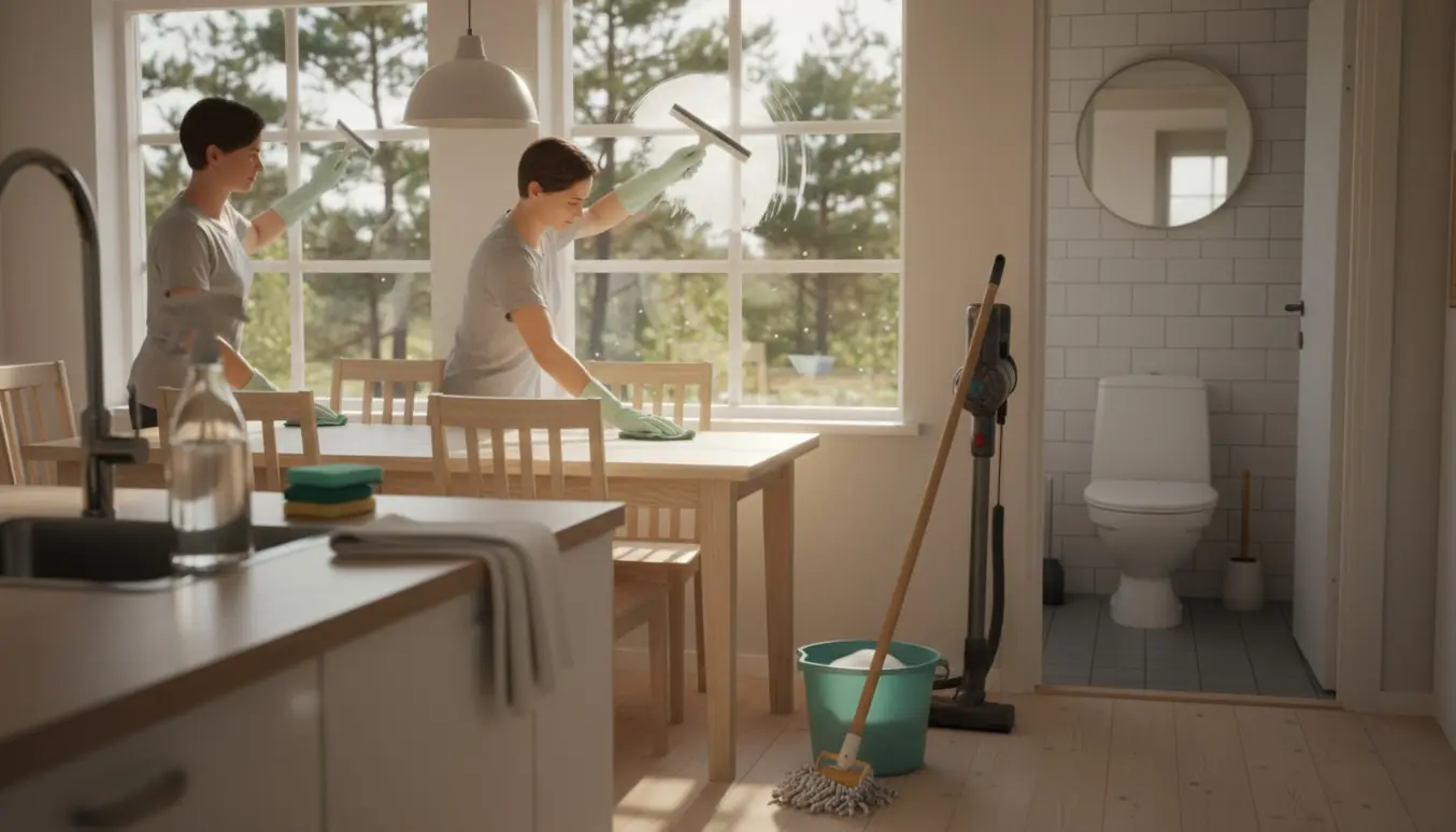 Hænder pudser store vinduer i et lyst træ-sommerhus med moppe, spand og rengøringsmidler i forgrunden.