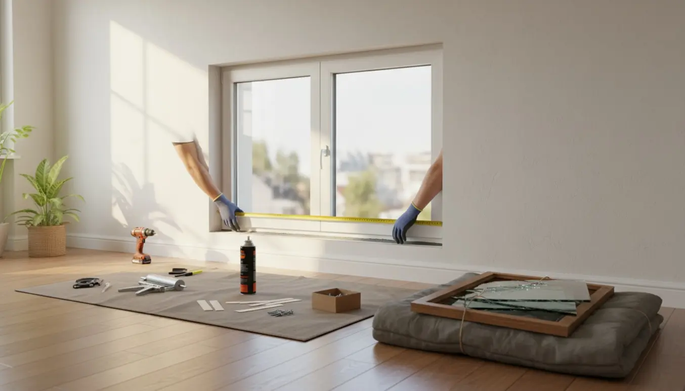 Håndværker monterer et nyt dobbeltvindue indefra med værktøj og målebånd ved siden af.