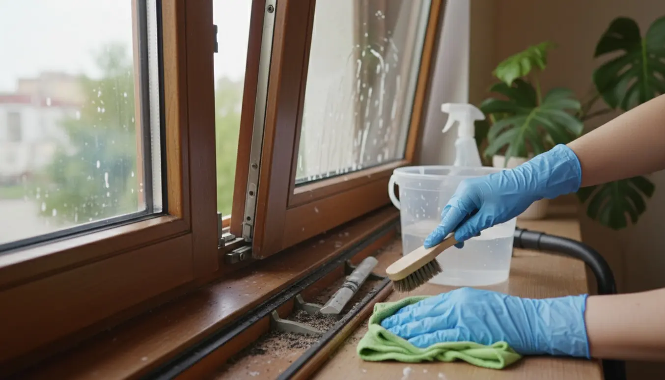 Hænder rengør et åbent vindues fals og gummilister med børste og mikrofiberklud.