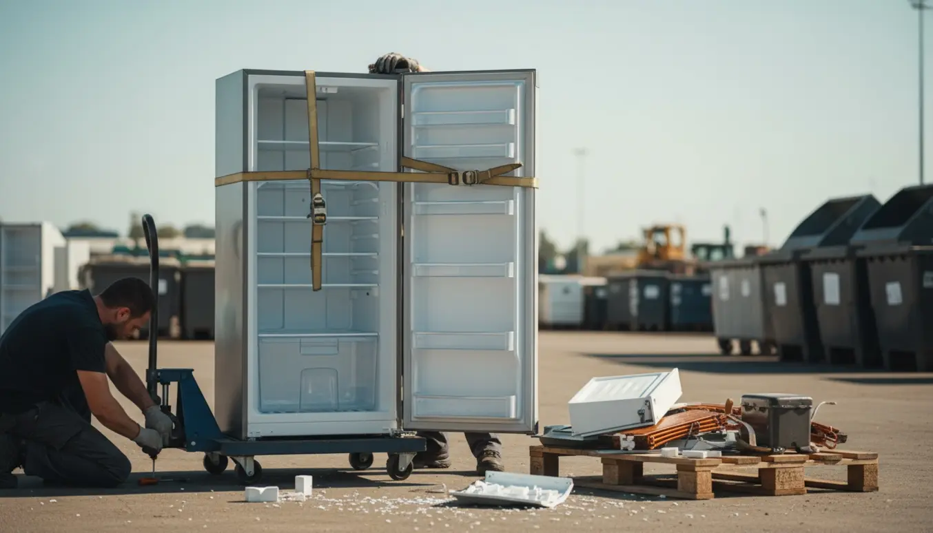 Et højt køleskab bliver adskilt og gjort klar til aflevering på en genbrugsplads.