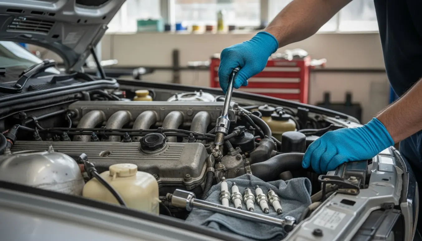 Nærbillede af motorrum på en BMW E34 520i med handskerede hænder, der udskifter tændrør.