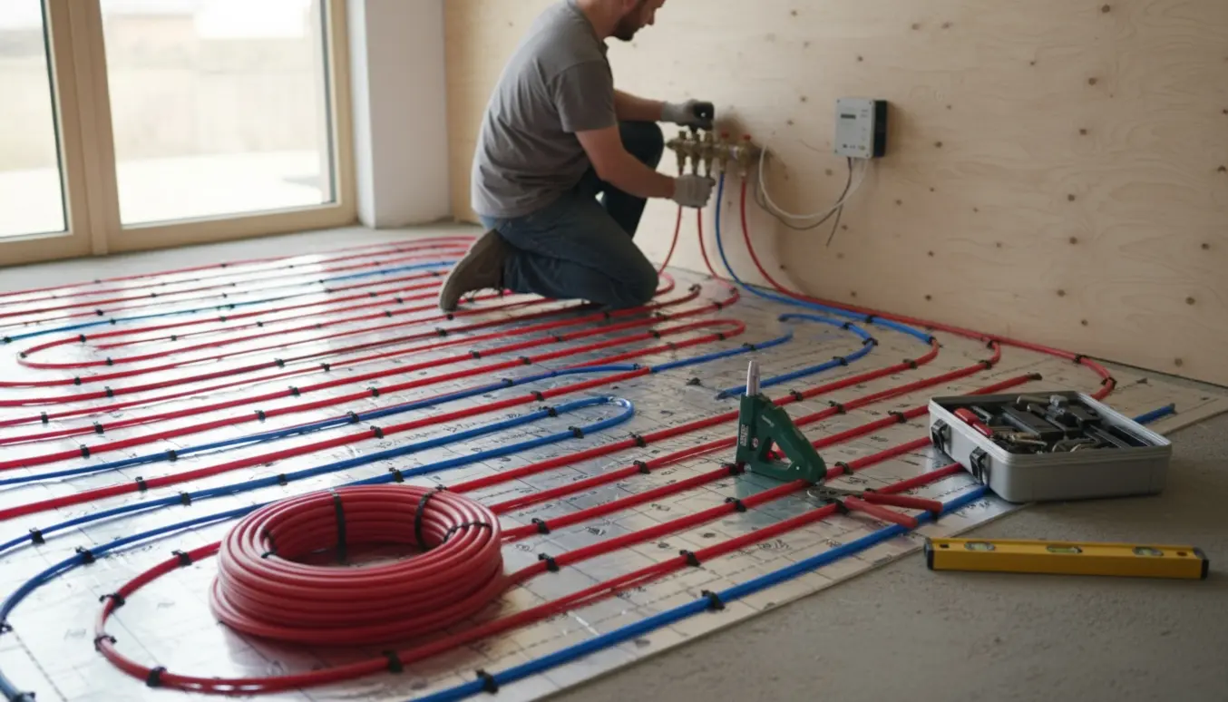 Installation af gulvvarme med varmefordelingsplader, PEX-rør og en monteret manifold i et lyst rum.