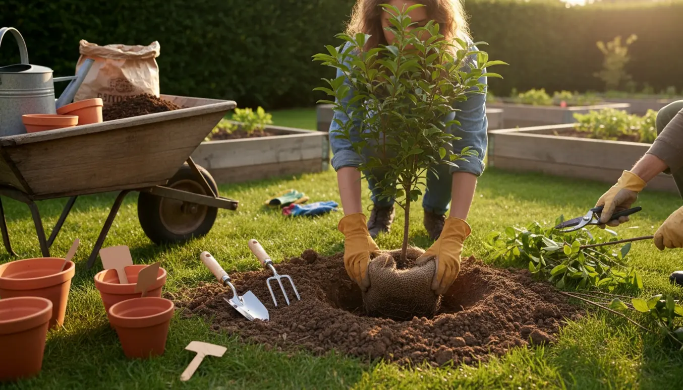 Hænder i handsker planter og beskærer planter i en solbeskinnet have med spade og trillebør.
